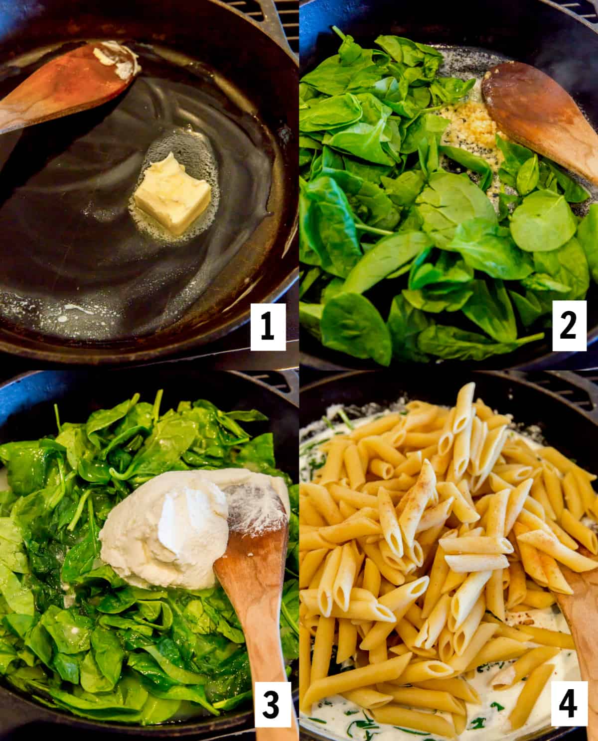 cooking spinach and ricotta pasta on the stove in a skillet