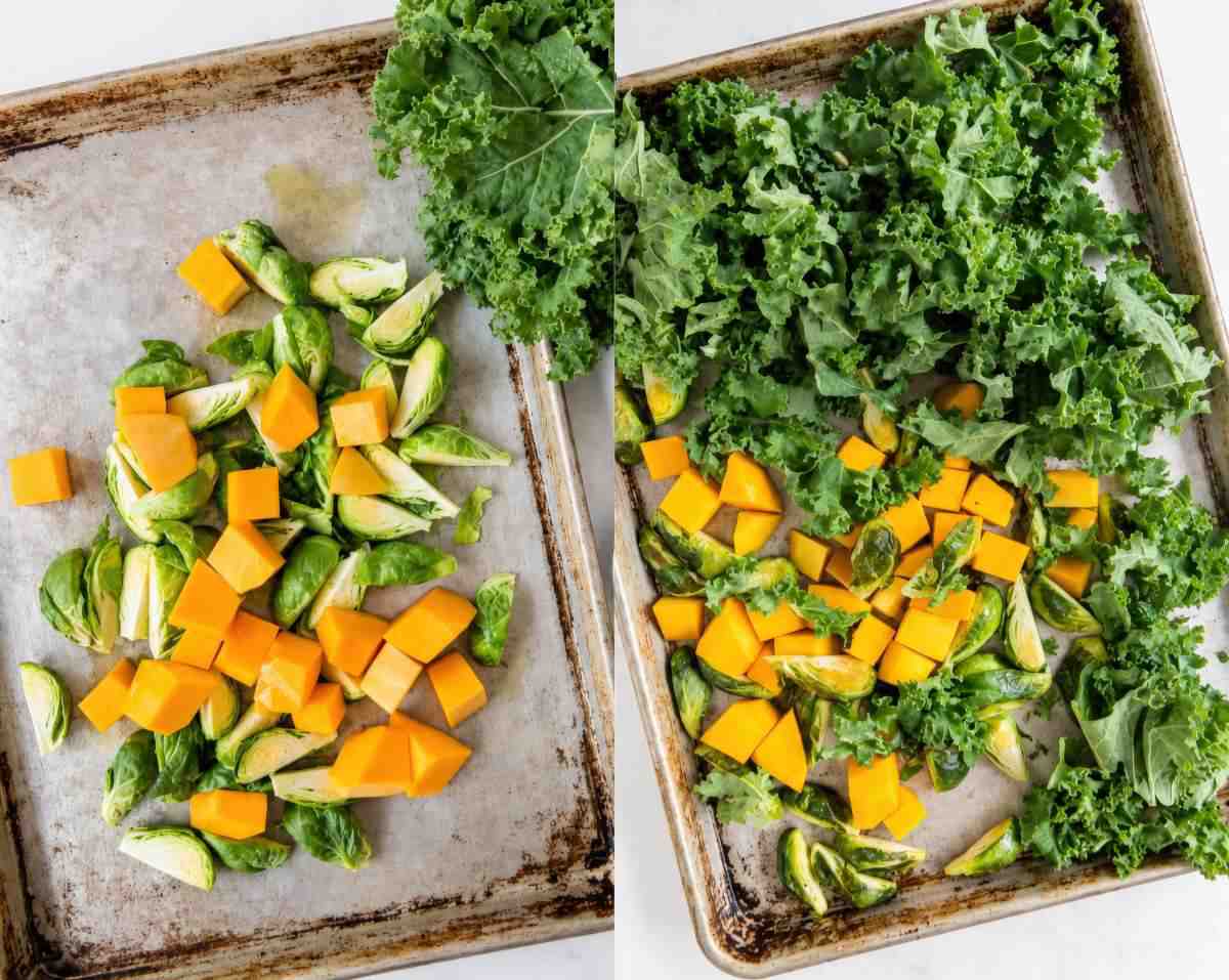 Side-by-side views of butternut squash and Brussels sprouts on a baking sheet, before and after adding kale.