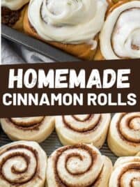 homemade cinnamon rolls in a pan with cream cheese frosting