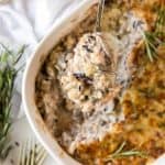 a big spoonful of mushroom wild rice casserole