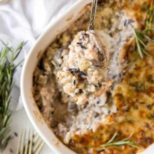 a big spoonful of mushroom wild rice casserole