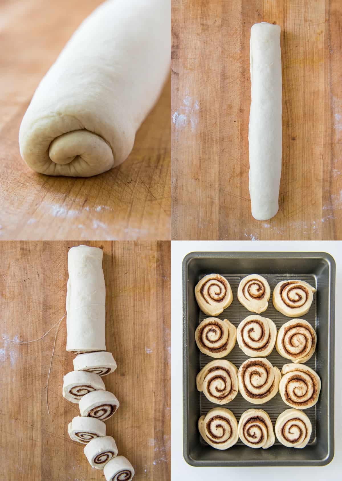 rolling cinnamon rolls and slicing
