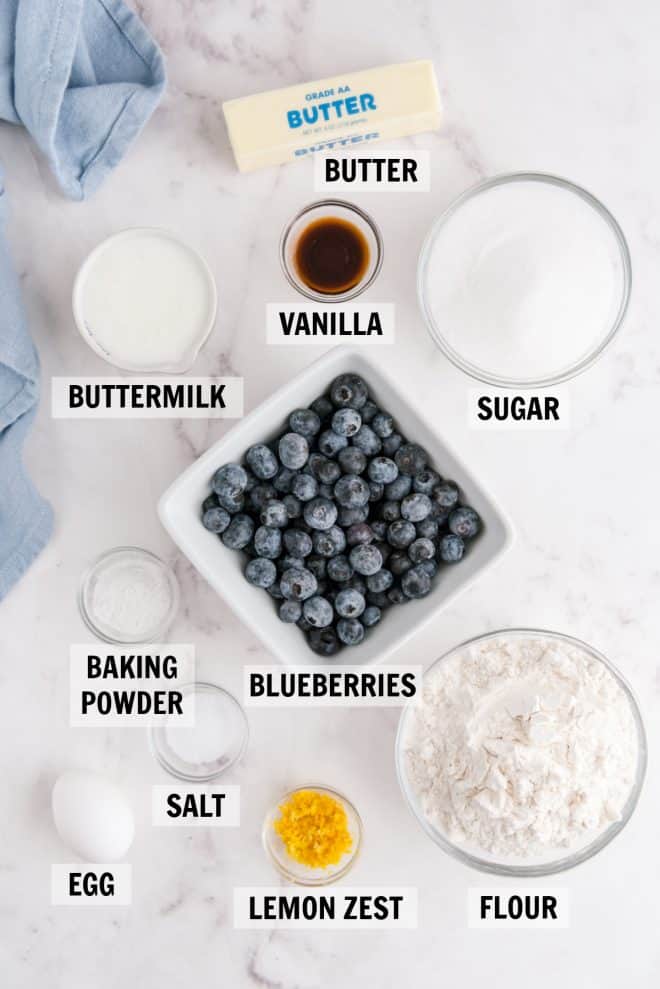 ingredients for blueberry breakfast cake on a white countertop