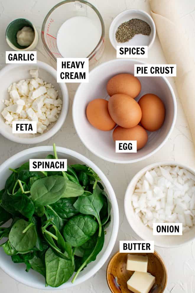 ingredients for spinach and feta quiche