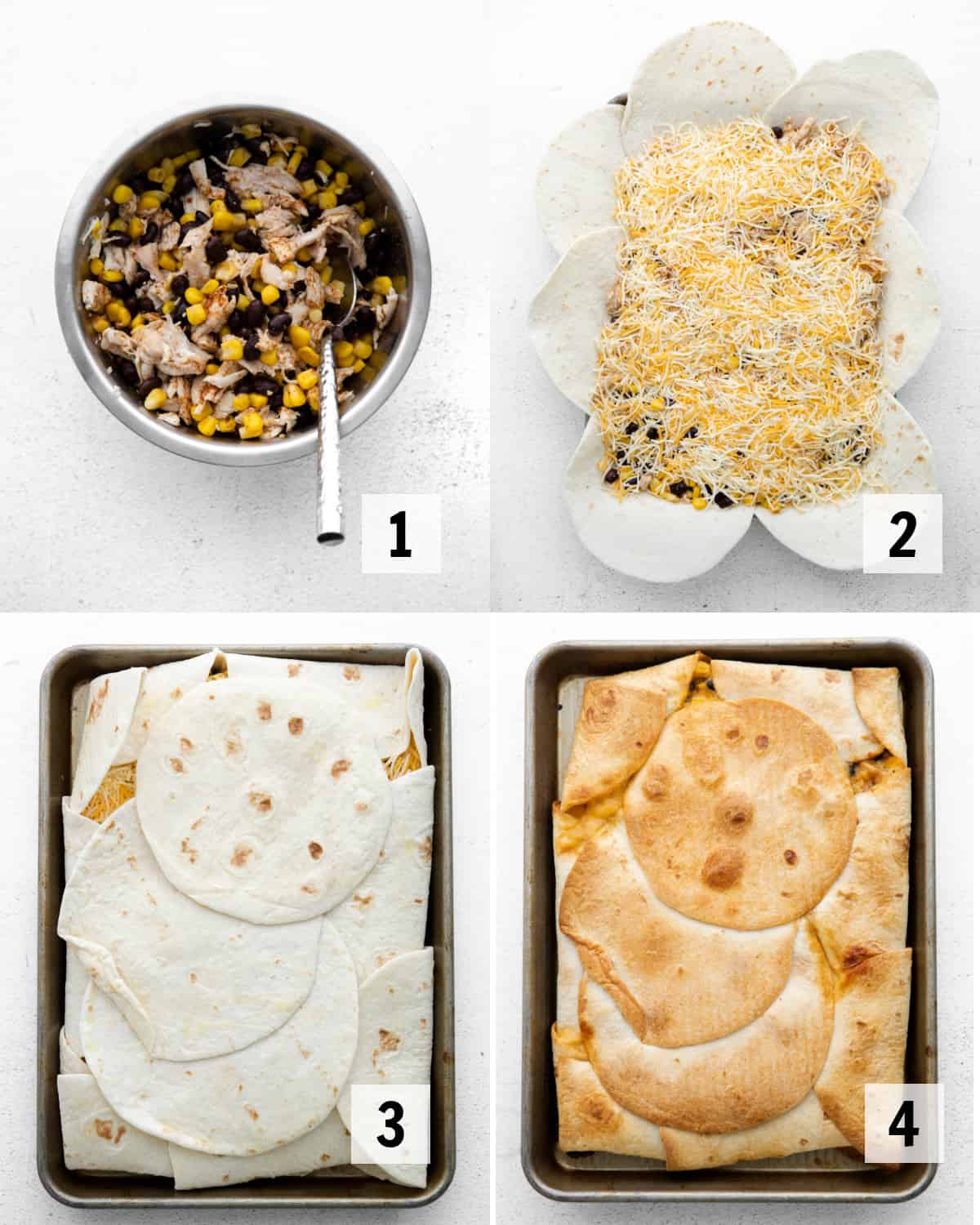 mixing together ingredients and assembling for sheet pan quesadillas