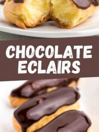one chocolate eclair on a plate cut open with the cream filling
