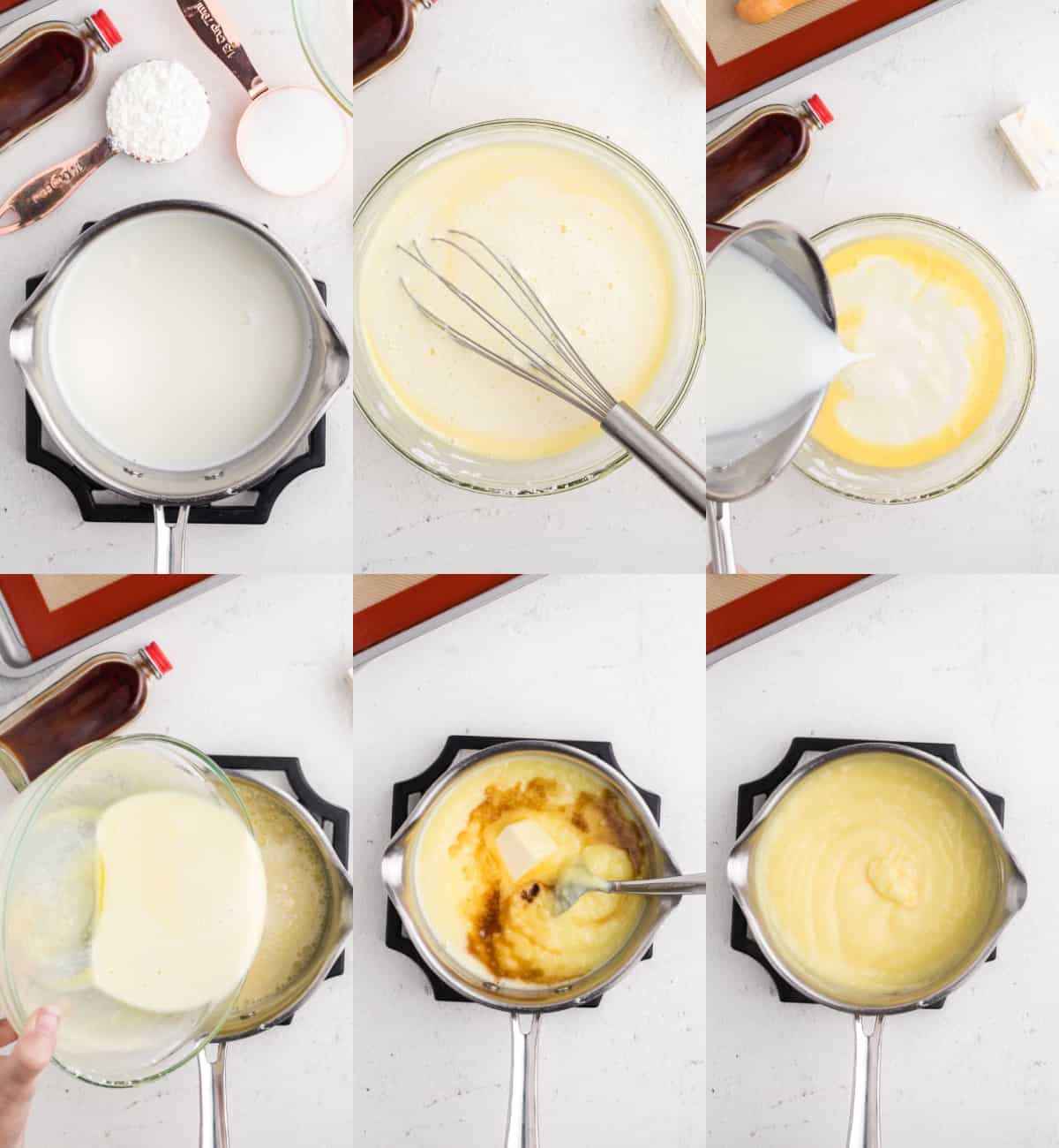Six images showing the process of making vanilla cream filling for chocolate eclairs.