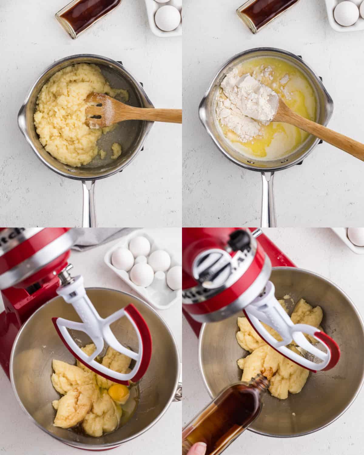 Four photos showing the process of making choux pastry, from mixing the ingredients to the dough forming.