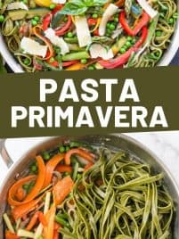 pasta primavera in a skillet with shaved parmesan on top