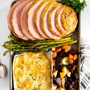 easter dinner on a sheet pan after baking