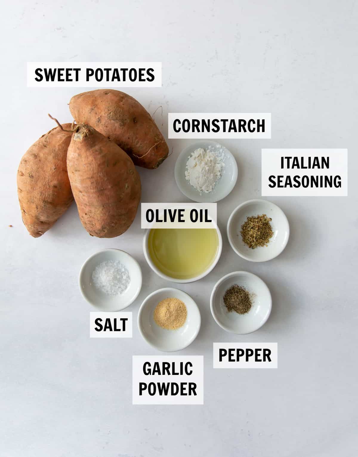 ingredients for sweet potato fries on a white background