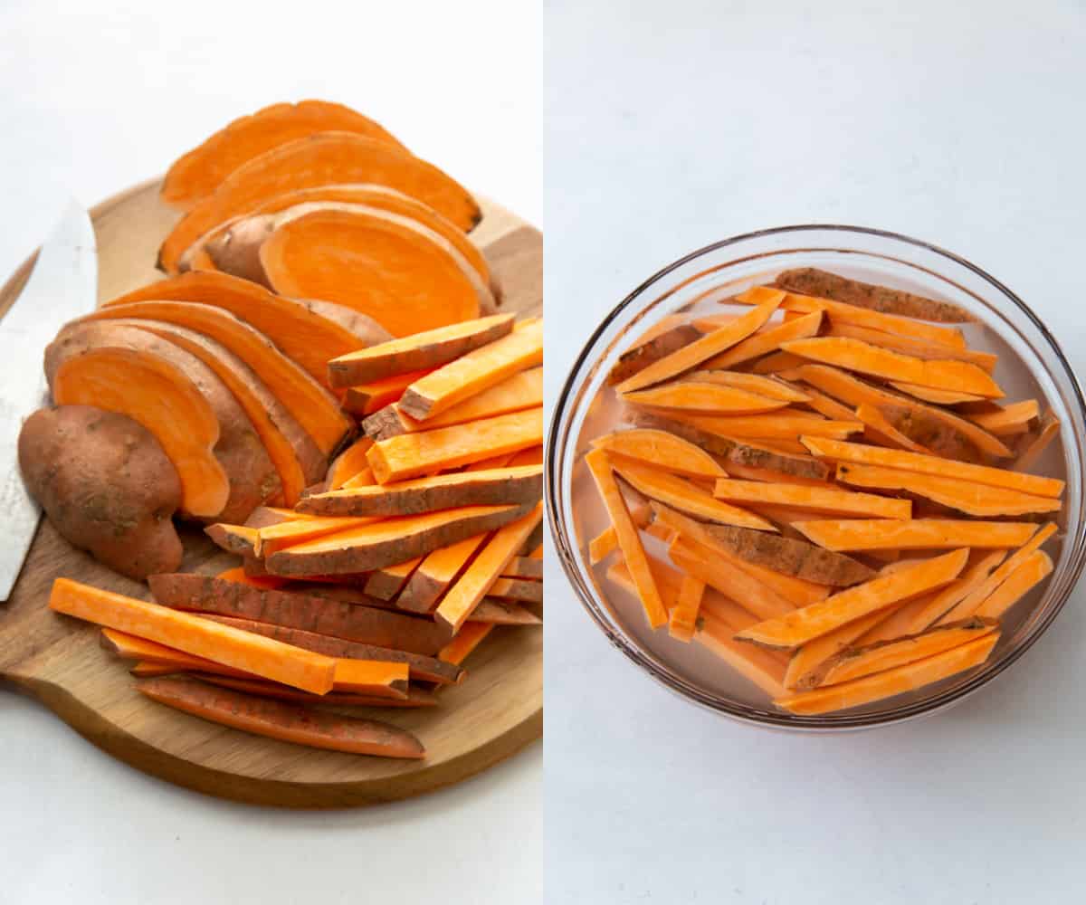 cut sweet potatoes in a bowl with water