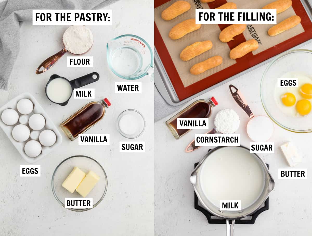 Two images showing all the ingredients needed for choux pastry and vanilla cream filling. 