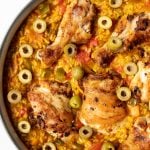 spanish chicken and rice in a skillet