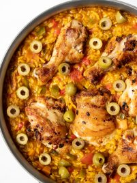 spanish chicken and rice in a skillet