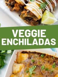 A plate with two veggie enchiladas and a pan of freshly baked enchiladas