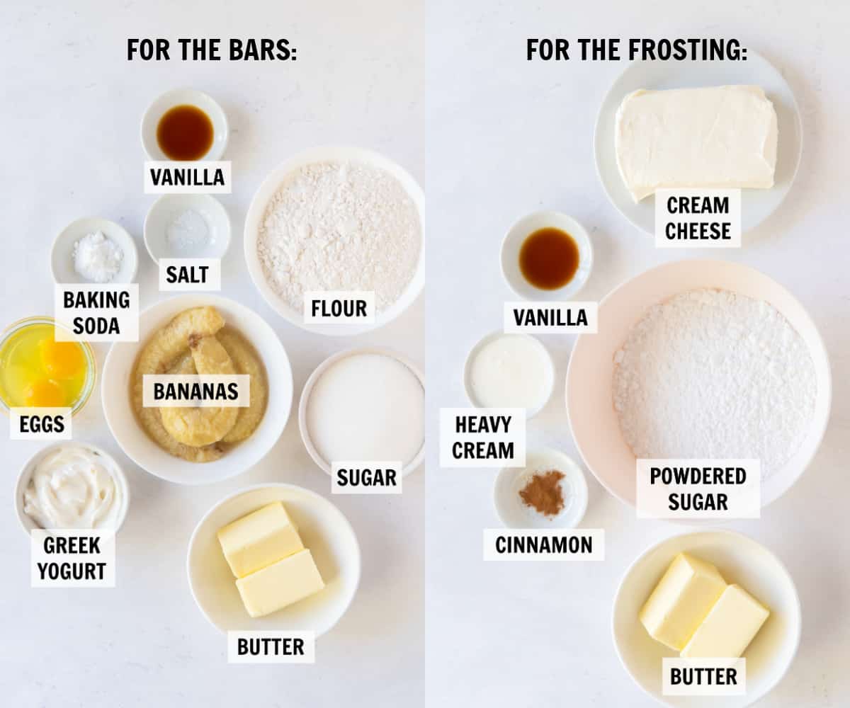 All of the ingredients for banana bars and cream cheese frosting measured into white bowls