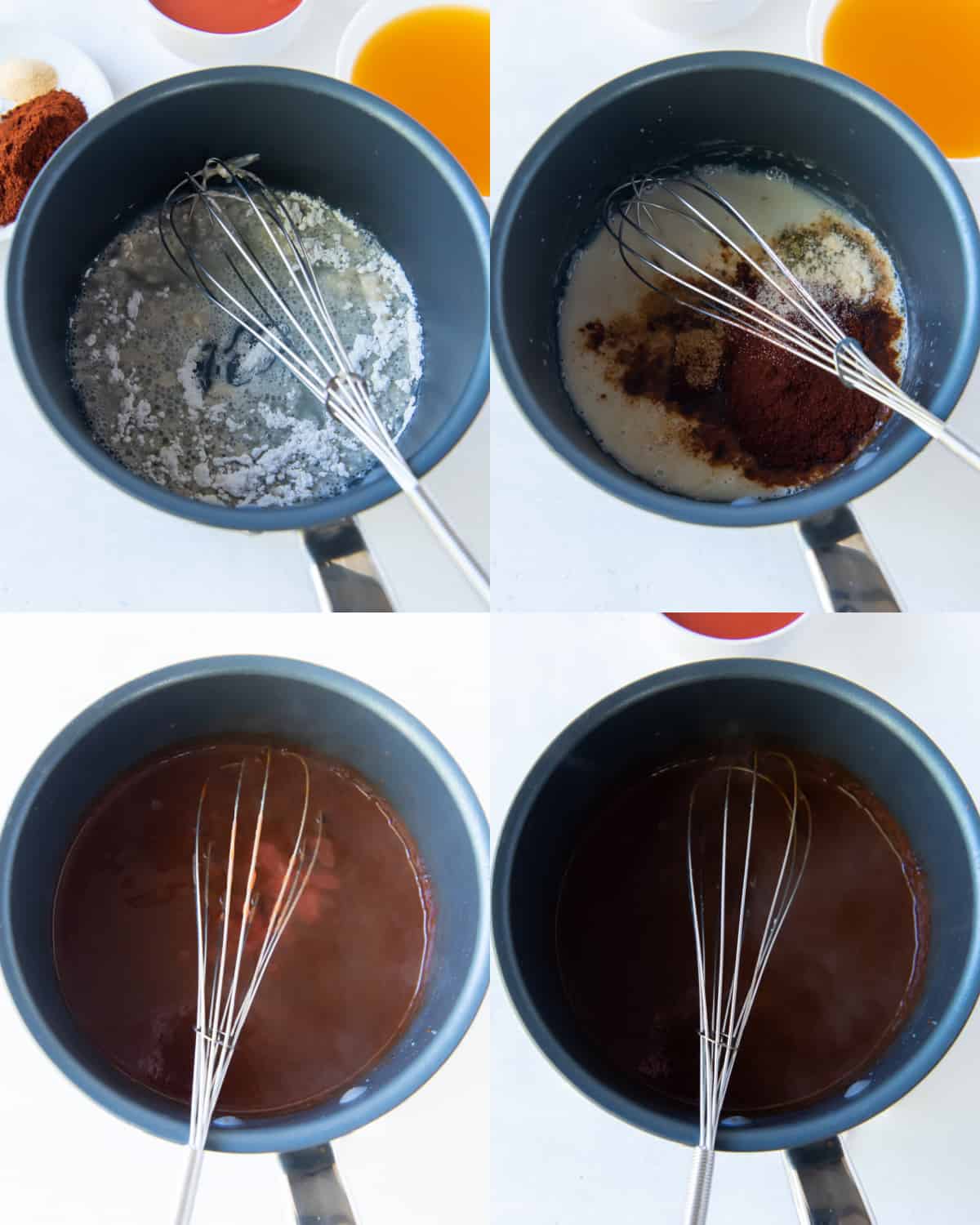 Four process shots of making enchilada sauce in a blue saucepan