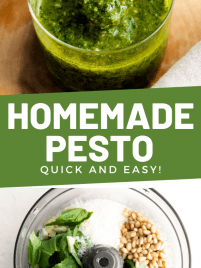 A photo basil pesto and a photo of the food processor with ingredients