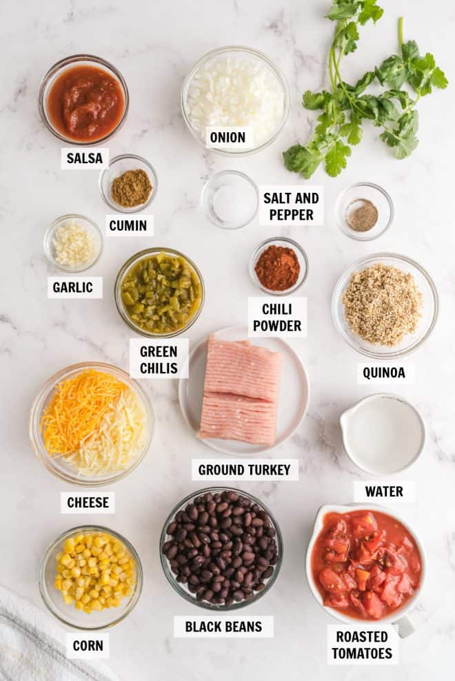 ingredients for turkey taco quinoa skillet on white tabletop