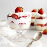 Strawberry shortcake trifle in a glass trifle dish