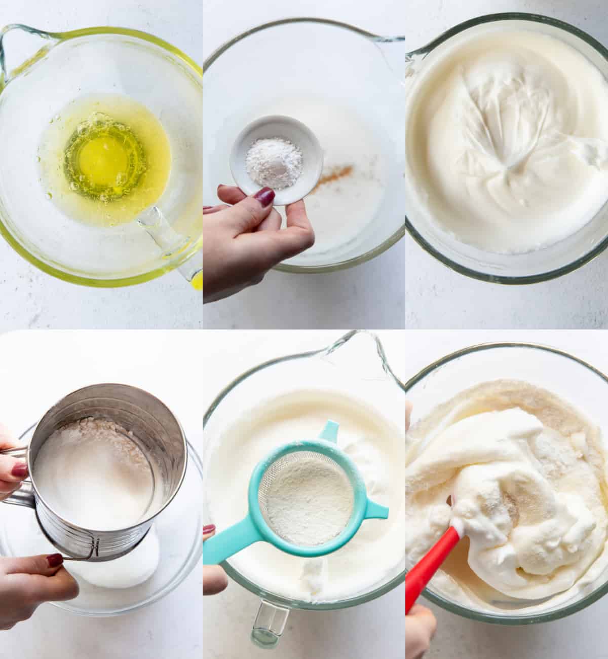 Process shots of separating egg whites and yolks, sifting flour, and beat egg whites into soft peaks.