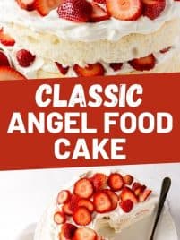 angel food cake with whipped cream and strawberries