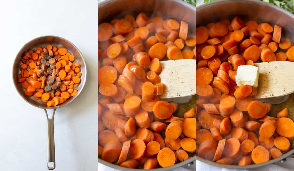 3 process shots of making sauteed carrots