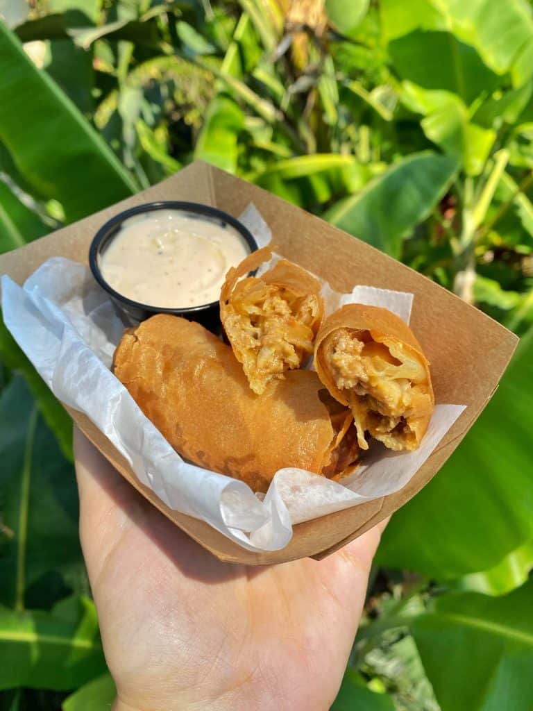 stuffed cheeseburger spring rolls in a container with dipping sauce on the side