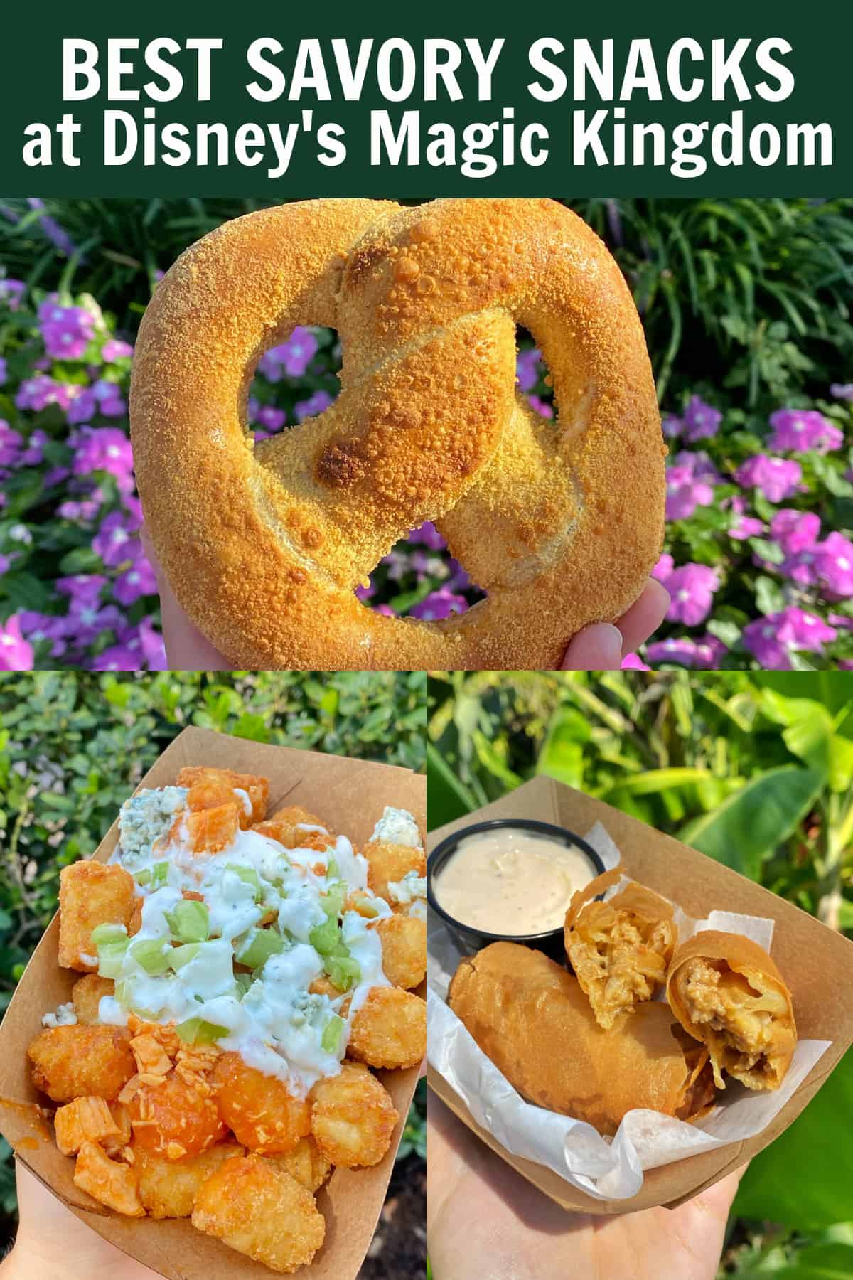 photo collage of stuffed pretzel, tater tots and spring rolls