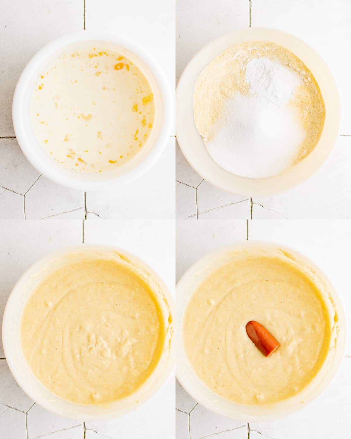 mixing together ingredients for corn dog batter in bowl