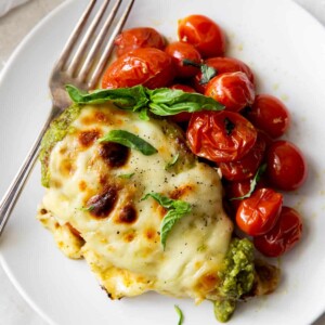 pesto chicken with tomatoes on a plate