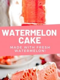 fresh watermelon cake with whipped cream frosting and berries