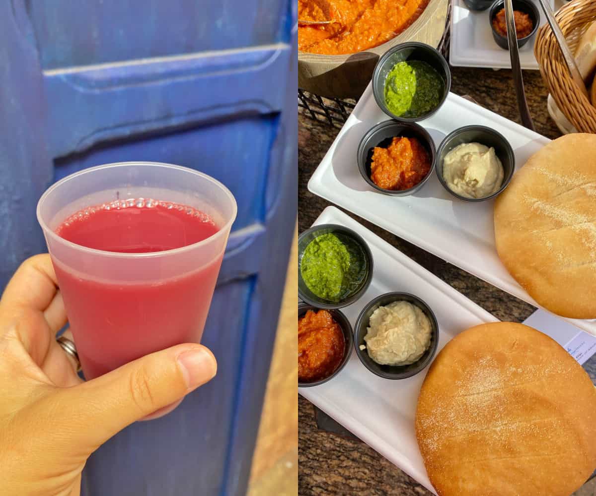 photo of blood orange juice and pita bread with hummus
