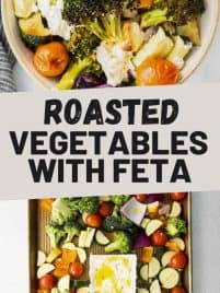 a bowl of baked veggies and baked feta