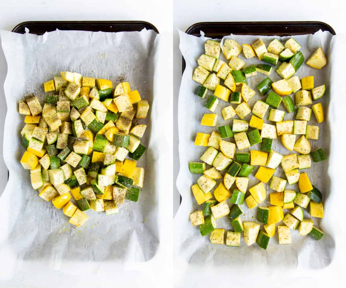 chopped zucchini and yellow squash pieces on a baking sheet before baking in the oven