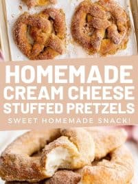 homemade cream cheese stuffed pretzels on a baking sheet