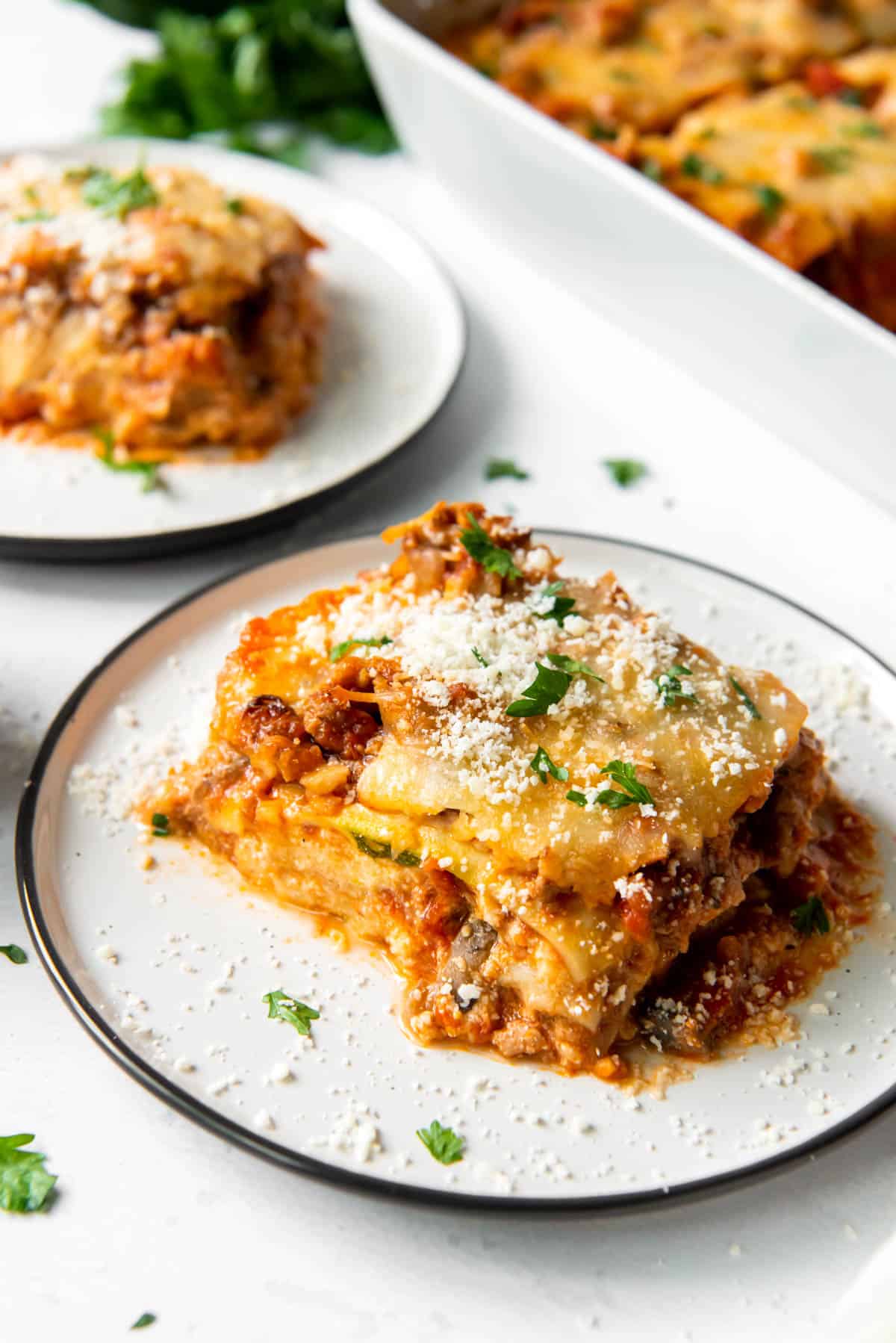 a slice of turkey zucchini lasagna on a plate