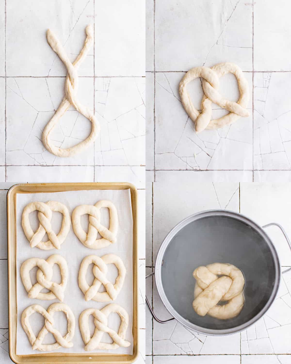twisting the pretzels into shape before boiling them in water