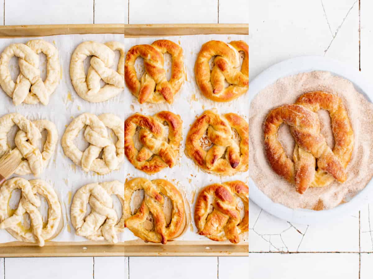 before and after baking the homemade stuffed pretzels