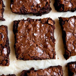a close up photo of flourless brownies on a piece of parchment paper