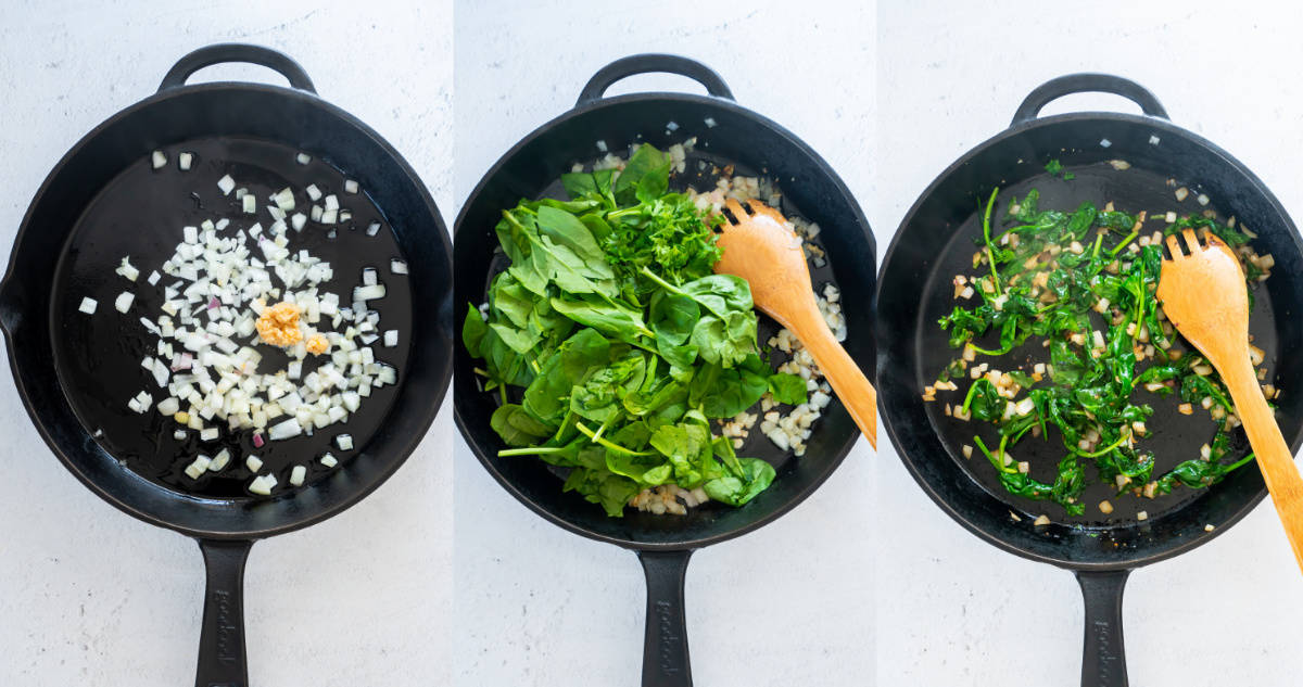 cooking the spinach in a skillet