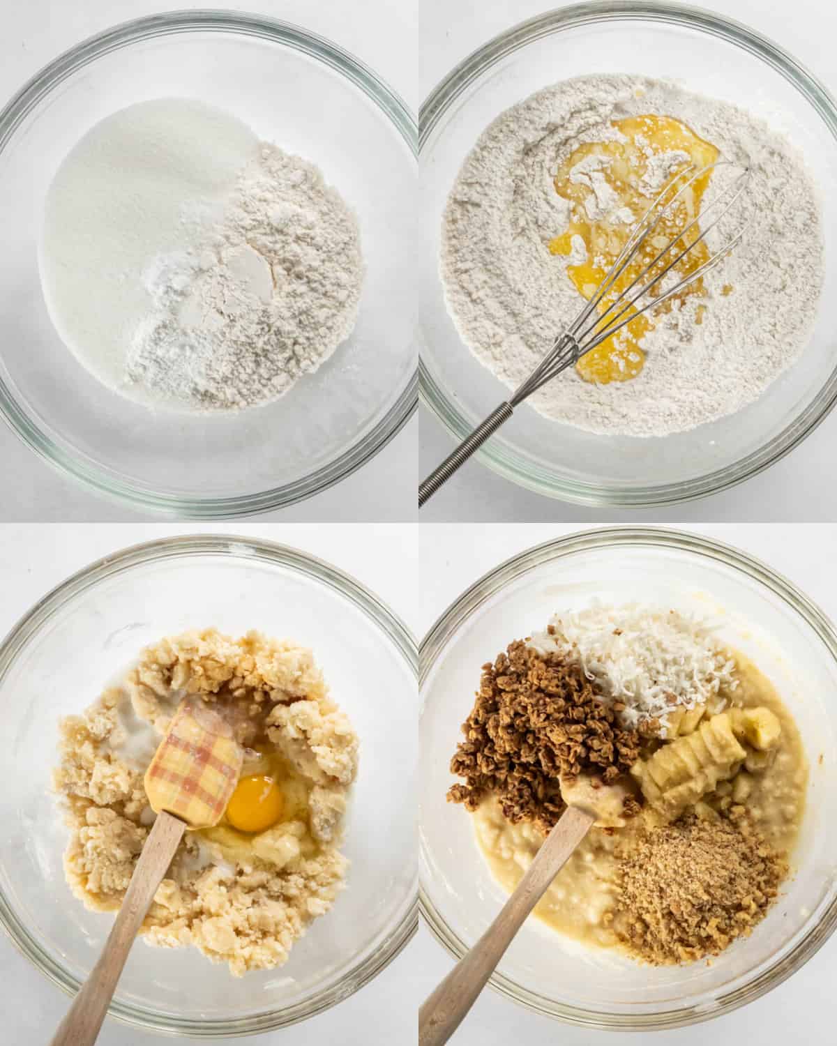 mixing together ingredients for banana coconut muffins in a bowl