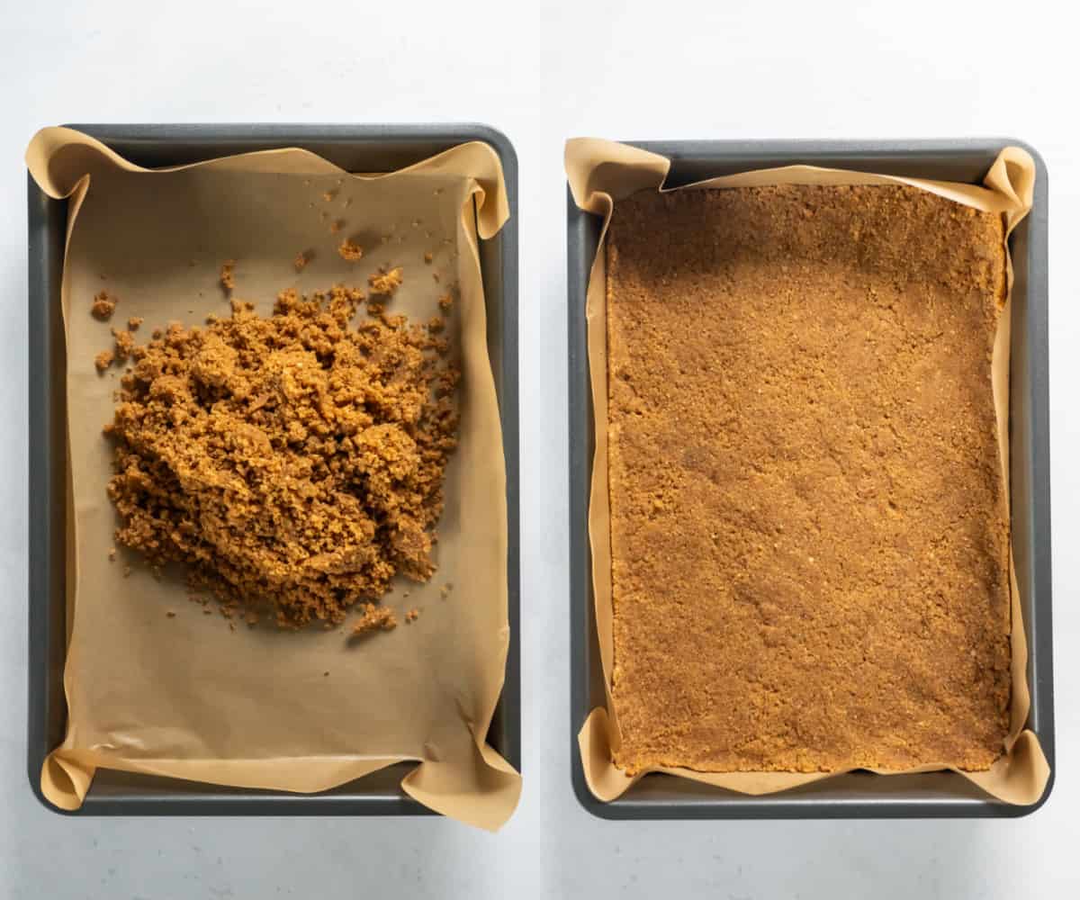 arranging the graham cracker crust in the rectangular baking pan