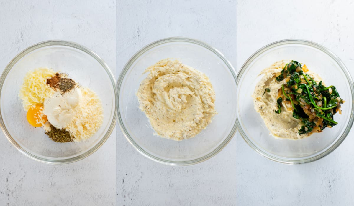 mixing together the spinach ricotta in a bowl