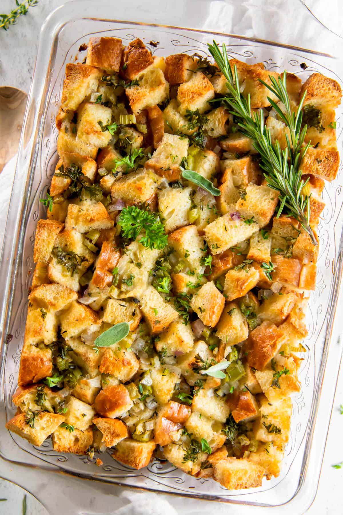 baked easy thanksgiving stuffing in a casserole dish