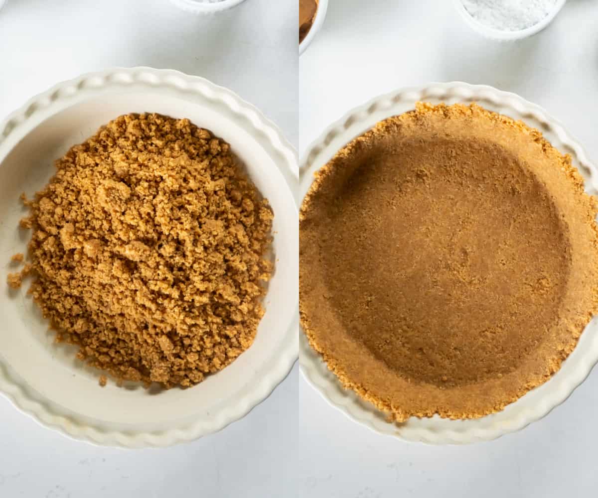 pressing the graham cracker crumbs into the bottom of a pie dish