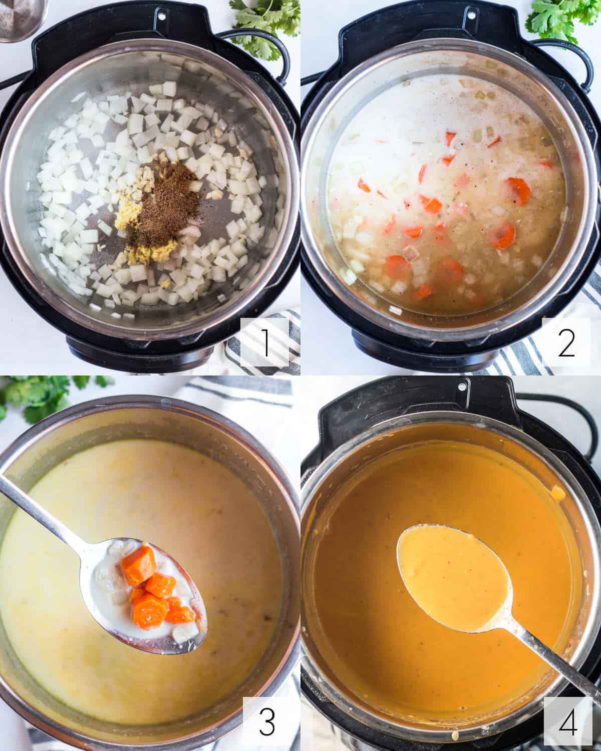 cooking all of the ingredients for the carrot soup in the instant pot
