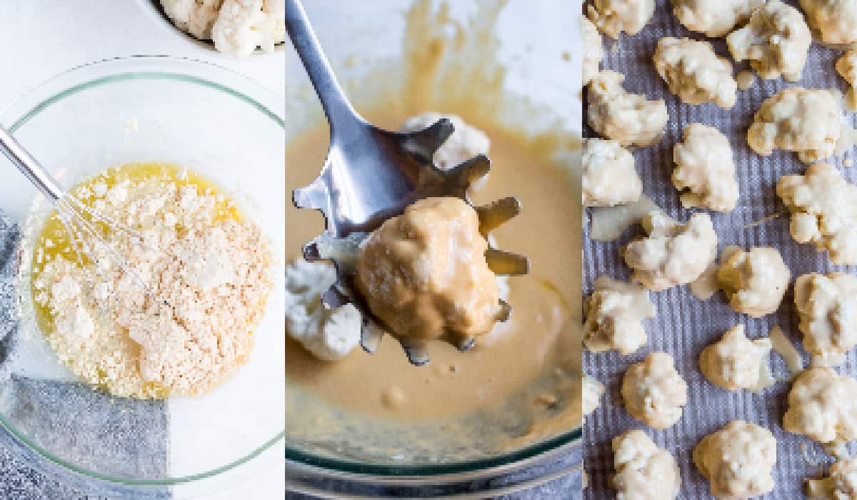 mixing together the coating in a bowl and adding the cauliflower to the bowl