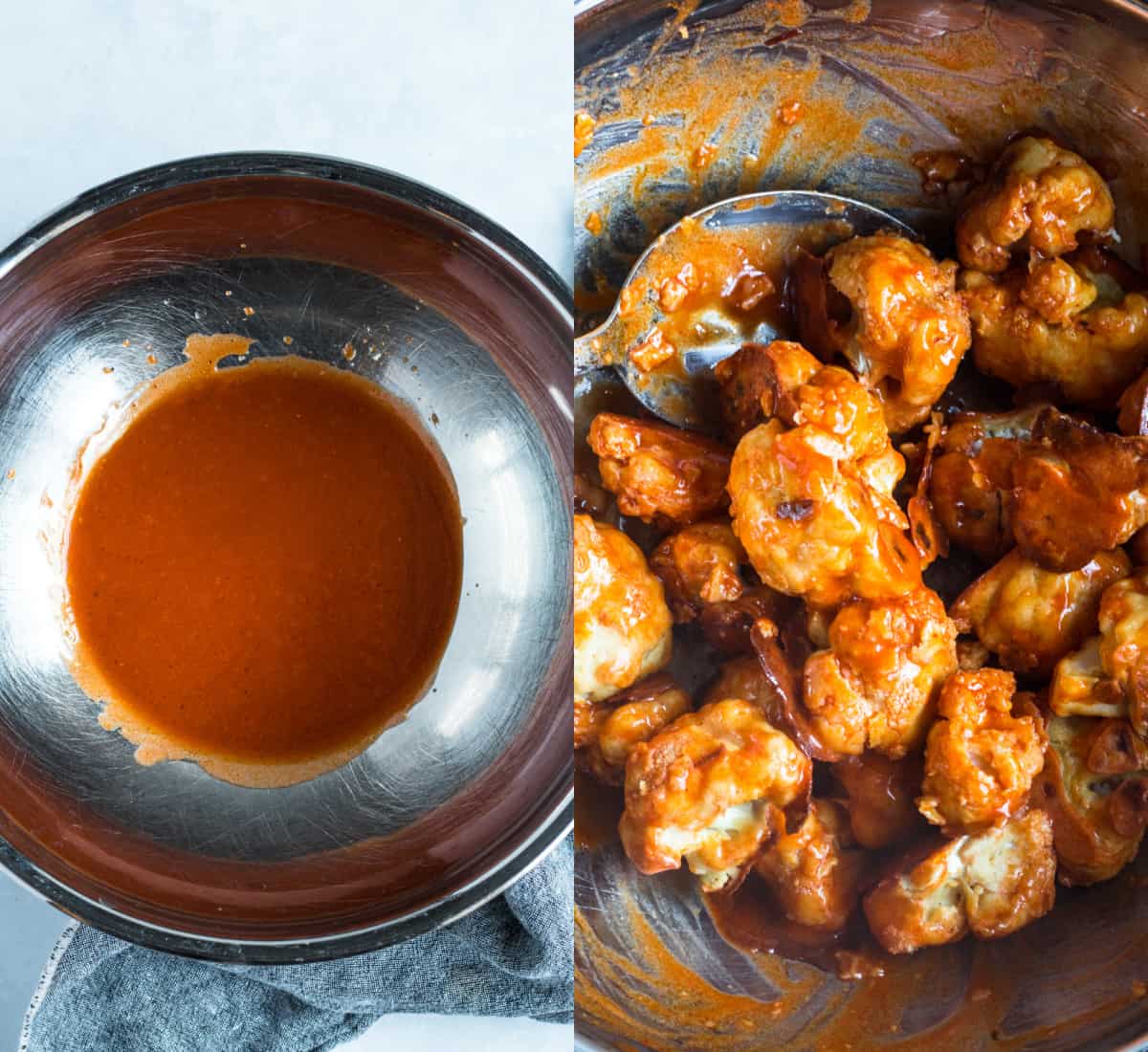 adding the buffalo sauce mixture to the cauliflower